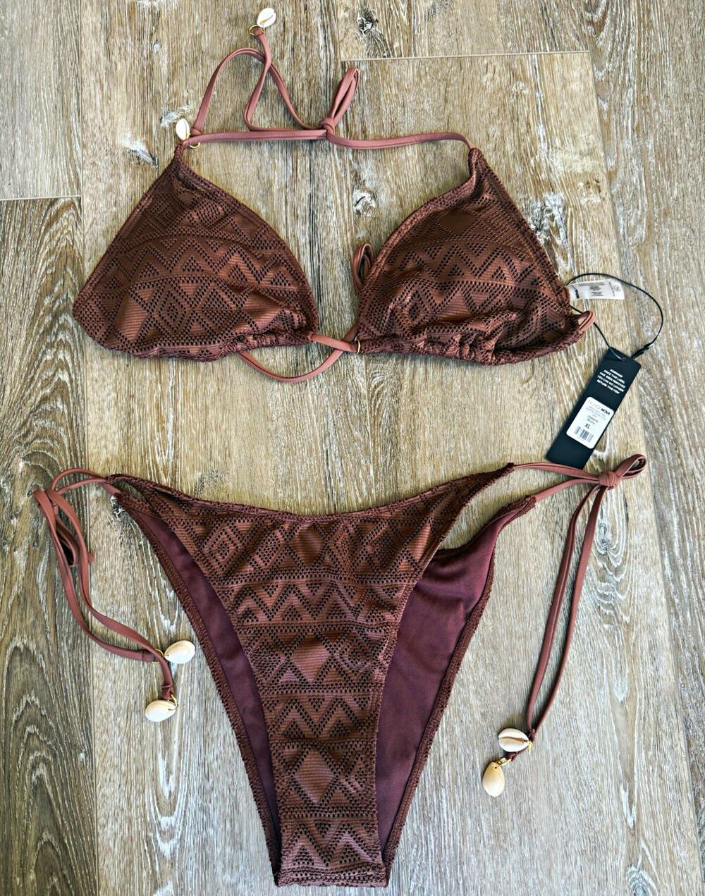 Fashion Nova Mocha XL 2-Piece Crochet Halter Bikini Set w/ Shell Charm